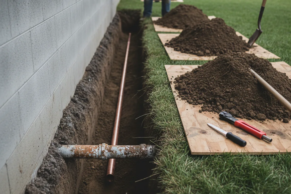 Excavated water line trench during Water Softener Installation in Double Springs